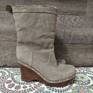 UGG Women's Coffee Brown Leather Wedge Clog Boots w Shearling